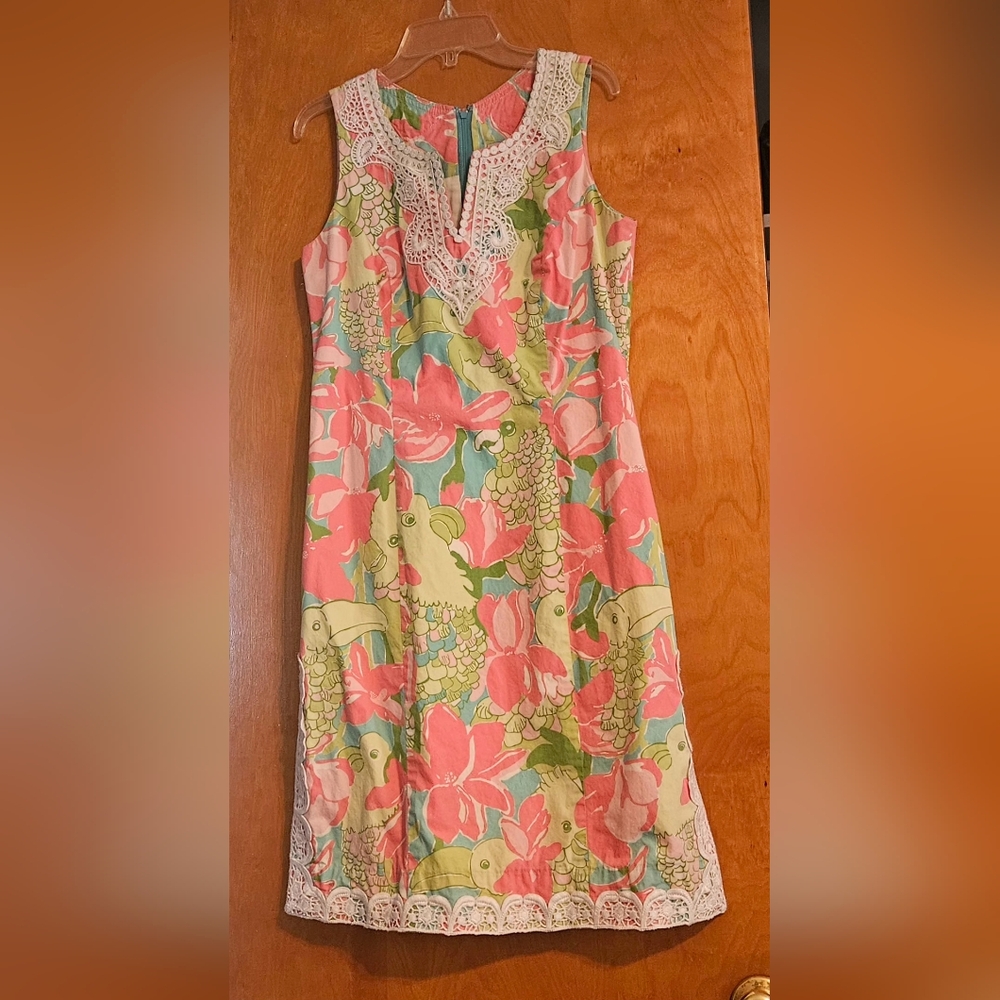 Lilly Pulitzer Pink and Green V-Neck Sheath Dress-Size 6